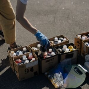 Close-up of an artist picking spray paint cans from boxes on a sunny day.